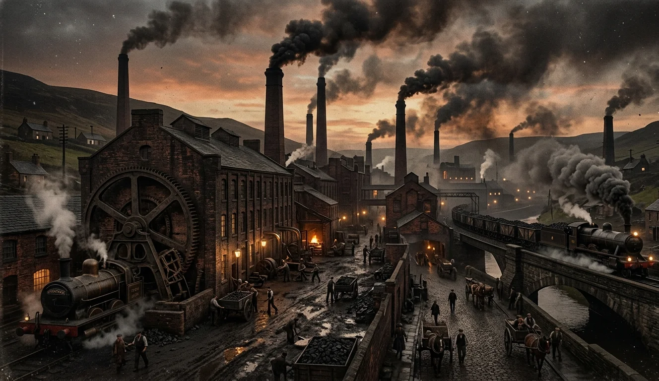Uma ilustração que mostra a silhueta de uma fábrica do século XVIII ou XIX, com chaminés escuras contrastando com o céu a elementos urbanos antigos.