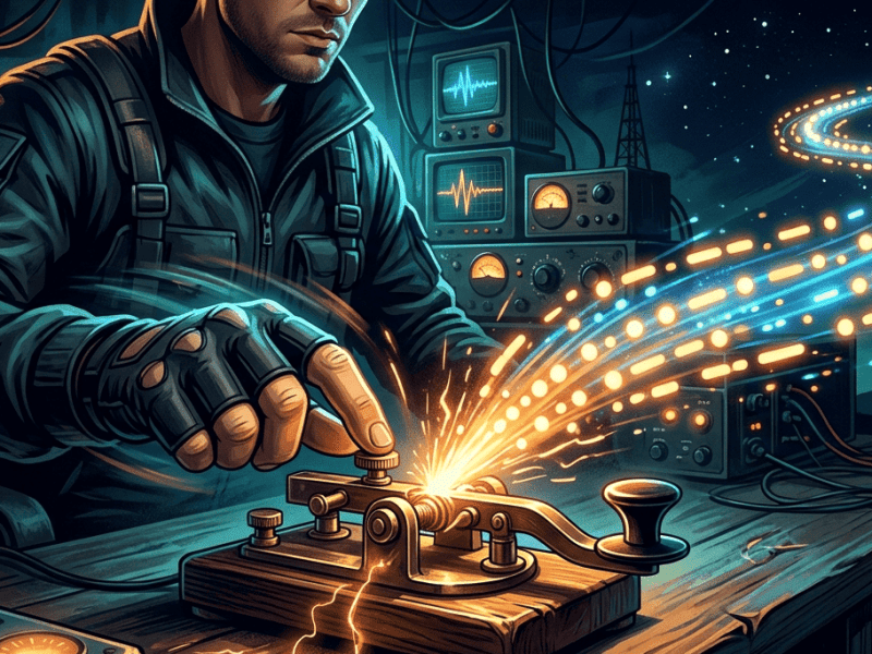 Ilustração digital em estilo dinâmico e cinematográfico de um operador acionando um transmissor de código Morse antigo sobre uma bancada de madeira. Da ponta do equipamento de telegrafia, uma onda luminosa e vibrante de faíscas nas cores azul, laranja e amarela se projeta para o alto, formando uma trilha de traços e pontos brilhantes que flutua em direção a um céu noturno estrelado. Ao fundo, há equipamentos de rádio vintage com osciloscópios acesos e torres de transmissão sob uma atmosfera noturna de mistério.