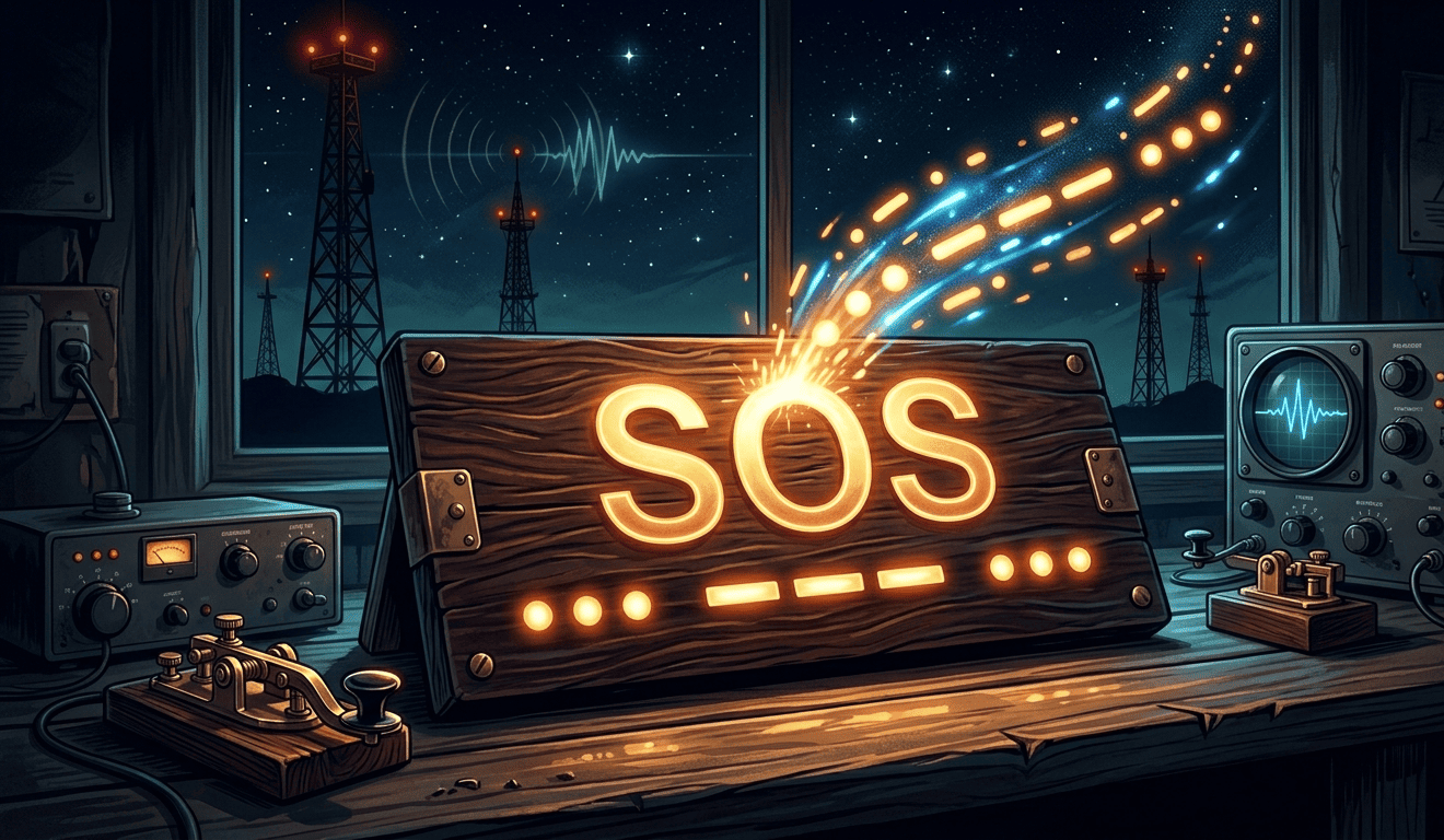 Ilustração digital em estilo dinâmico e cinematográfico de um operador acionando um transmissor de código Morse antigo sobre uma bancada de madeira. Da ponta do equipamento de telegrafia, uma onda luminosa e vibrante de faíscas nas cores azul, laranja e amarela se projeta para o alto, formando uma trilha de traços e pontos brilhantes que flutua em direção a um céu noturno estrelado. Ao fundo, há equipamentos de rádio vintage com osciloscópios acesos e torres de transmissão sob uma atmosfera noturna de mistério.