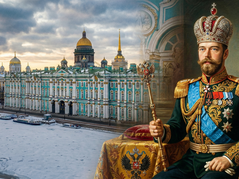 Uma ilustração ou foto colorizada de alta qualidade de um palácio imperial russo (como o de Inverno) sobreposta a um retrato clássico de um czar em trajes de gala, unindo luxo e autoridade