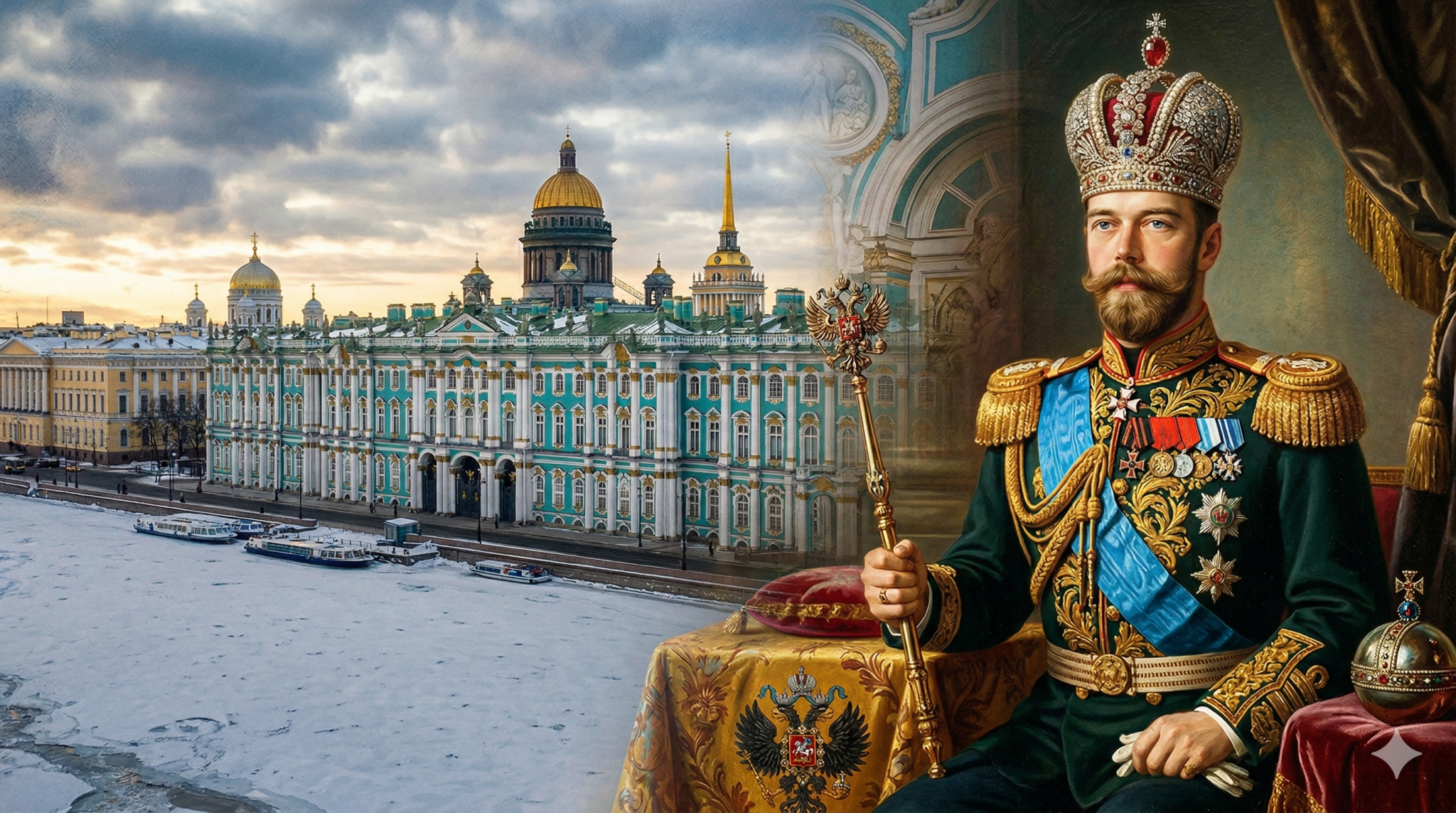 Uma ilustração ou foto colorizada de alta qualidade de um palácio imperial russo (como o de Inverno) sobreposta a um retrato clássico de um czar em trajes de gala, unindo luxo e autoridade