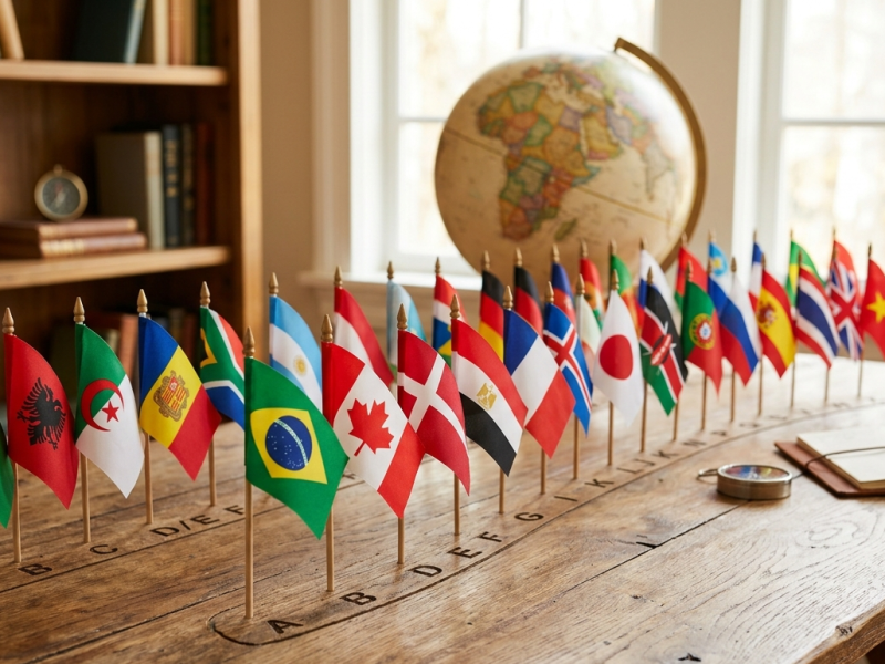 Fileira de bandeiras em miniatura organizadas de forma linear e progressiva, evocando a ideia de uma lista ordenada. O estilo é moderno, com cores vibrantes e um fundo de mapa-múndi desfocado para dar profundidade e contexto global.