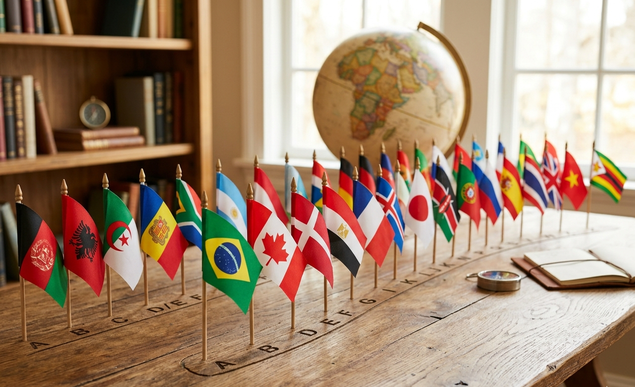 Fileira de bandeiras em miniatura organizadas de forma linear e progressiva, evocando a ideia de uma lista ordenada. O estilo é moderno, com cores vibrantes e um fundo de mapa-múndi desfocado para dar profundidade e contexto global.