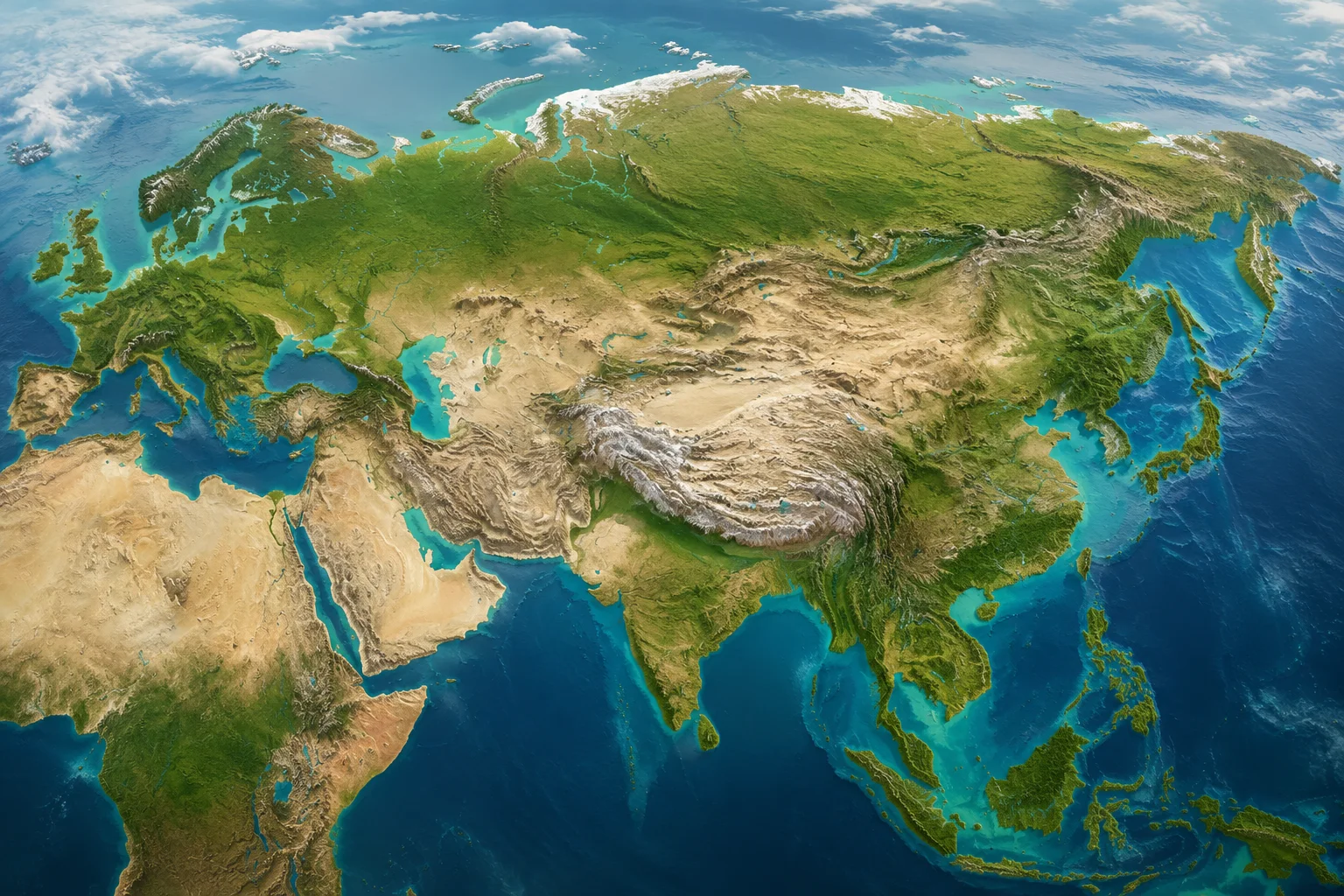 Ilustração panorâmica da Eurásia vista do espaço, mostrando o continente contínuo que reúne Europa e Ásia. O mapa destaca mares, cadeias de montanhas, desertos, florestas e extensas áreas verdes em tons naturais de azul, verde e bege.
