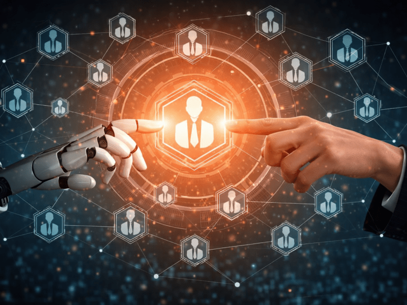 Mão humana e mão robótica tocando um hexágono brilhante, fundo tecnológico futurista, tons azuis, luz laranja, cinematográfico, alto detalhe, 16:9.