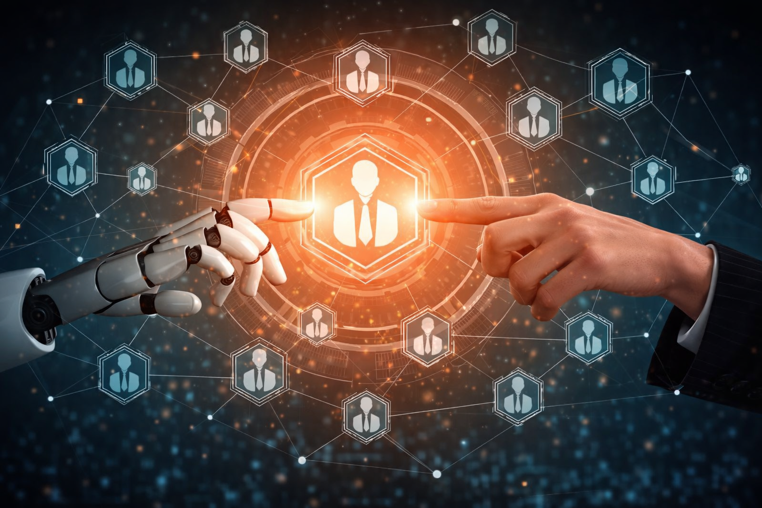 Mão humana e mão robótica tocando um hexágono brilhante, fundo tecnológico futurista, tons azuis, luz laranja, cinematográfico, alto detalhe, 16:9.